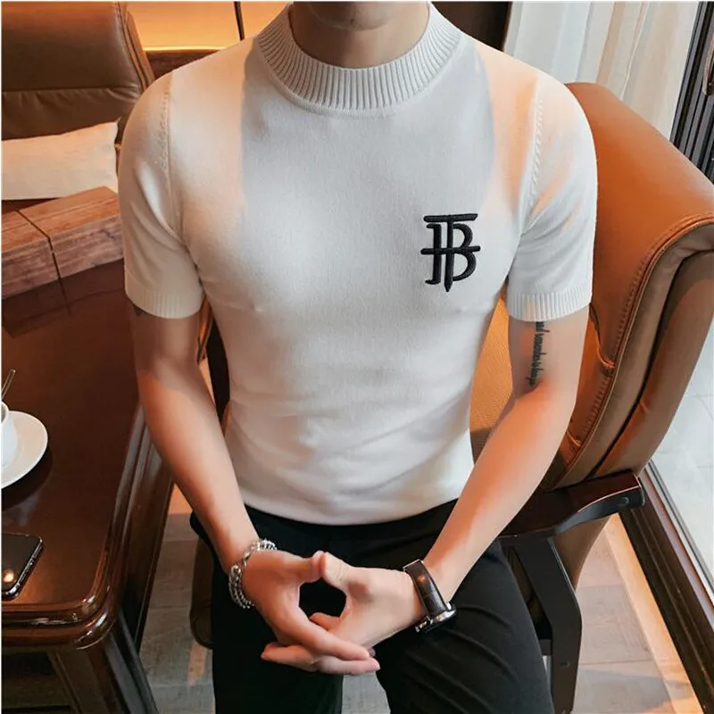 2022 British style High Quality for Men Short Sleeve Knit Sweater/Male Slim Fit O-Neck Letter Printing Knit Shirt Homme S-4XL