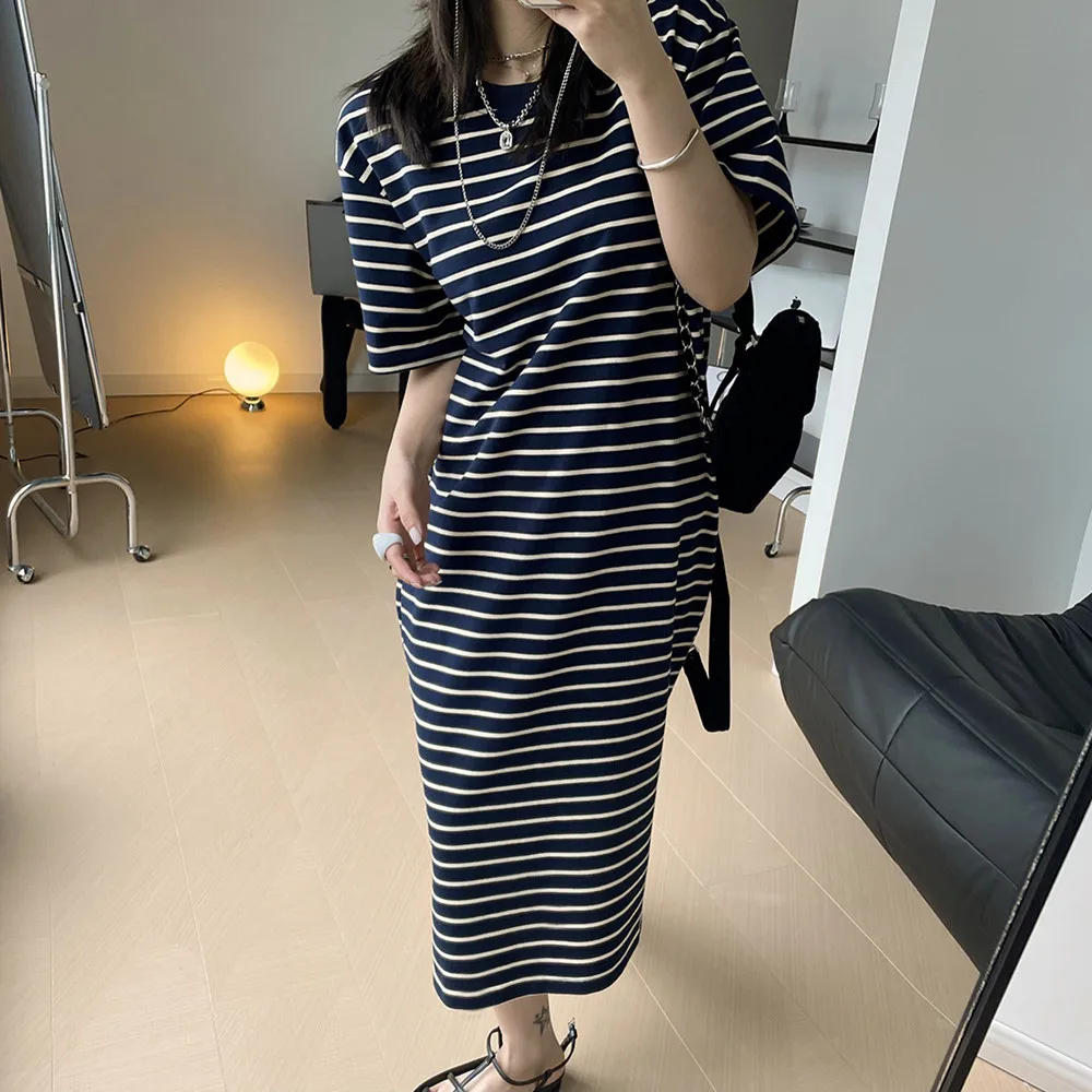 

2022 Spring Summer Dresses for Women Korean Style Casual Cotton Striped Slip Long Dress