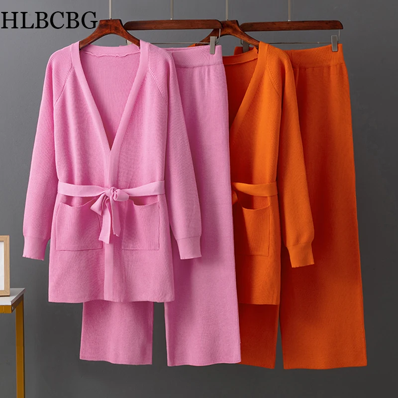 

Warm Knit Two Piece Sweater Tracksuit Sets Winter Women Elastic Camisole Long Sleeve Cardigan Loose Pants Fashion Sweater Suit