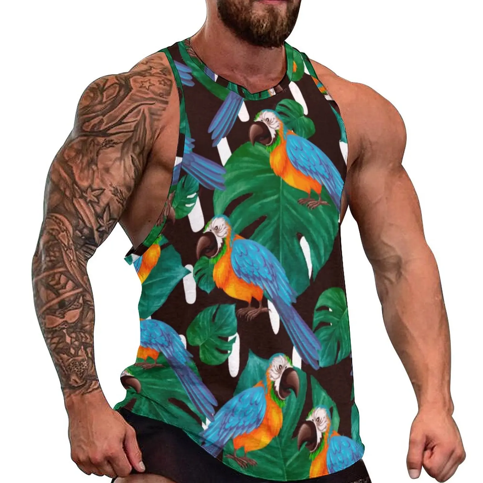 

Tropical Birds Daily Tank Top Palm Leaves Print Bodybuilding Tops Man's Custom Sportswear Sleeveless Vests Plus Size 4XL 5XL