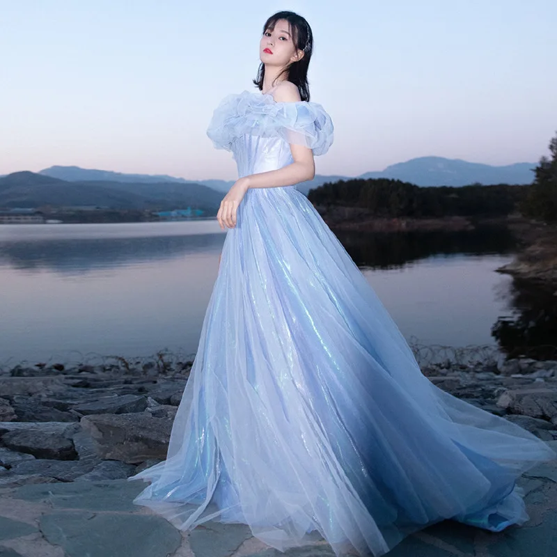 

Blue Evening Dress Off Shoulder Elegant A-Line Prom Ball Gown Floor-Length Tulle Female Birthday Party Dresses Femme Vestidos