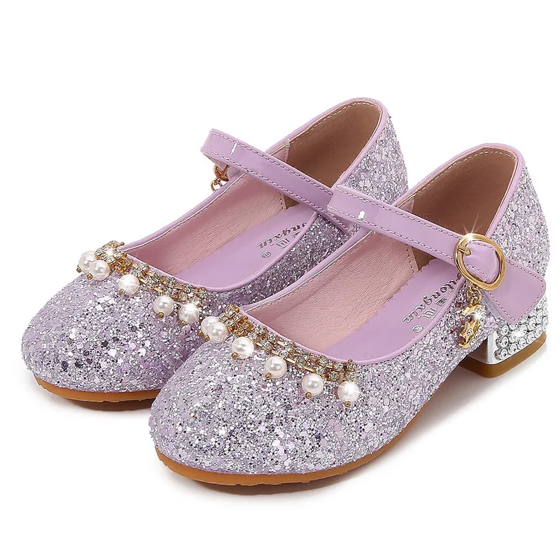 Glitter Girls Shoes Princess Children Mary Janes Kids Leather Shoes High Heels Pearl Beading Rhinestone Sequins Shoes For Party enlarge