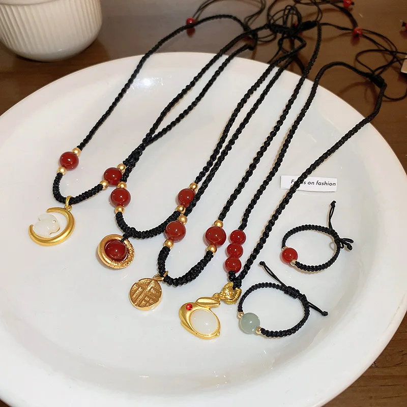 

Minar Retro Multi Designs Red Beads Coin Rabbit Moon Pendant Necklaces for Women Knitted Black Rope Chain Chokers Necklace Gifts