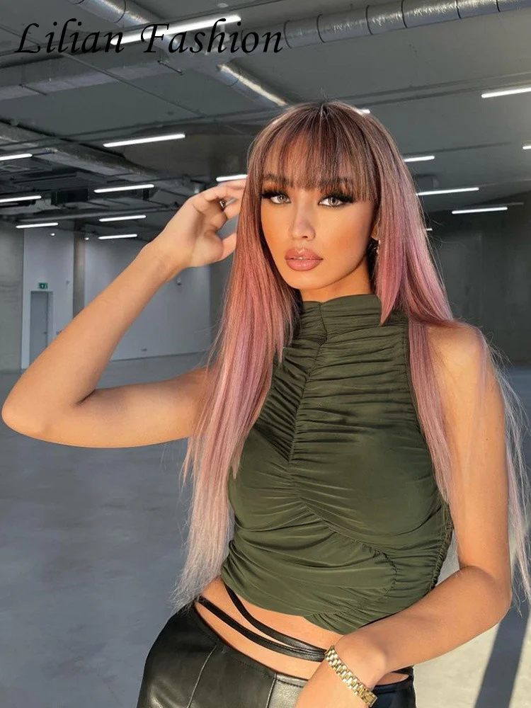 

Y2K Sleeveless Pleated Mock Neck Wrinkle Cropped Tank Summer Top Military Green Crop Style 2022 Fashionable Vest Women Green Tee