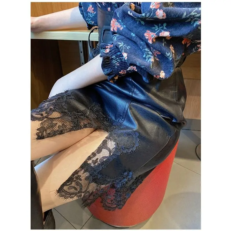 Leather Skirt Women 2023 Spring East Gate New High Waist Lace Panel Wrapped Hip Half Skirt Slim Mid Length Half Skirt
