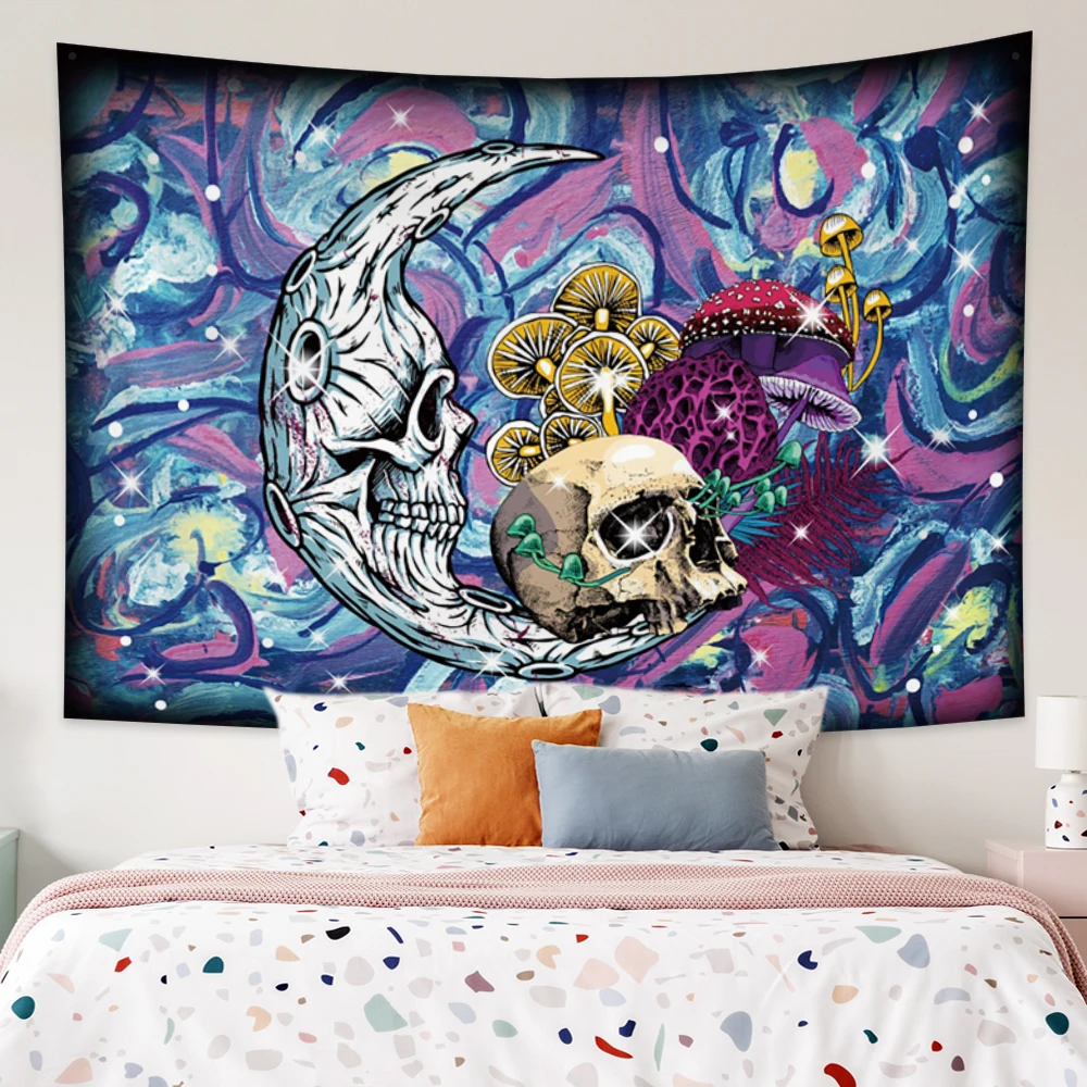

Moon Skull Mushroom Mandala Bohemian Decor Tapestry Trippy Room Dorm Black Esotericism Printing Mounted Cheap Wall Hanging