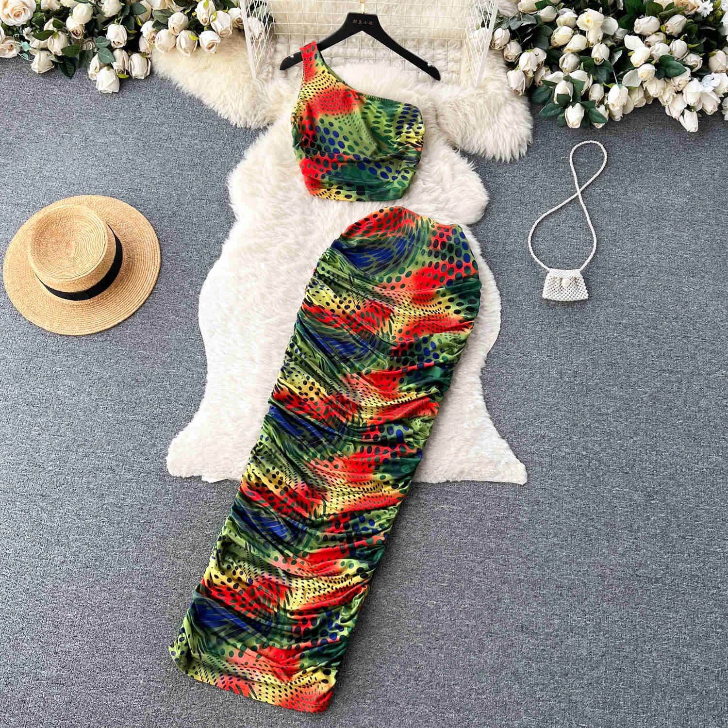 

Elegant Printed 2 Pieces Summer Clothes Set for Women Sexy One Shoulder Sleeveless Crop Top + Elastic Waist Bodycon Skirt Suits