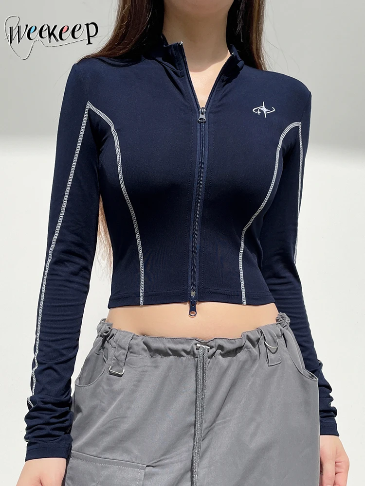 

Weekeep Techwear Zip Up Crop Top Contrast Stitched Striped Full Sleeve Casual Sporty Skinny T-shirts Cardigan Women Fashion y2k