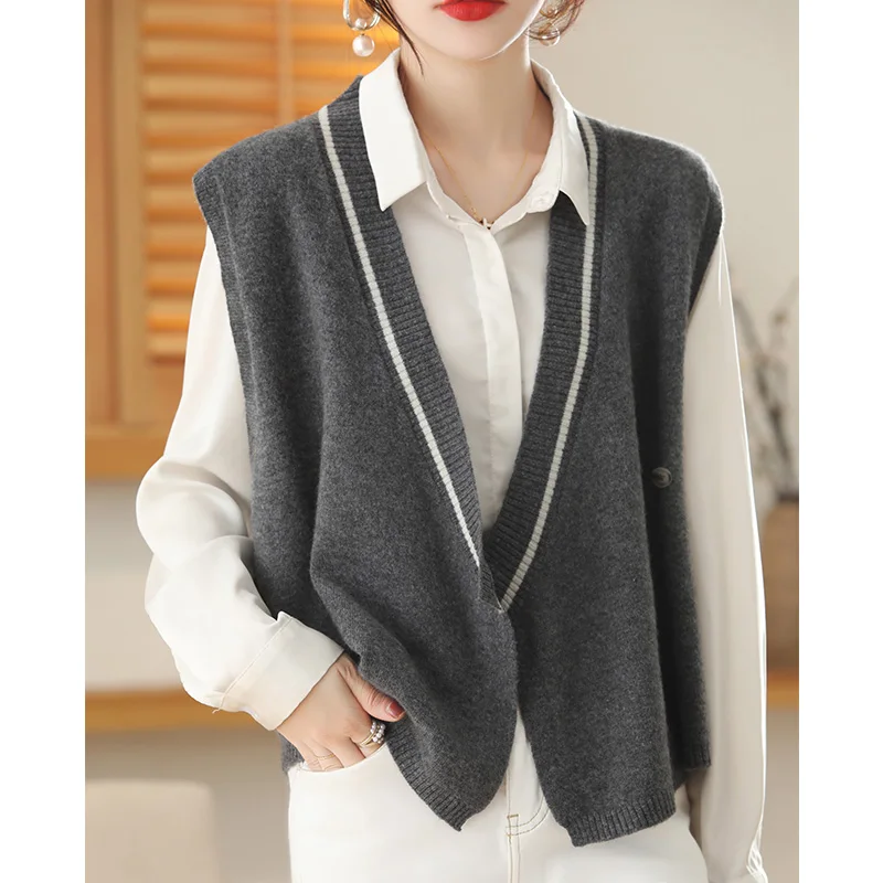 

100% Pure Wool Sweater Women's Waistcoat Button Cardigan With Vest Knitted Sweater Korean Loose Coat Spring And Autumn 2022
