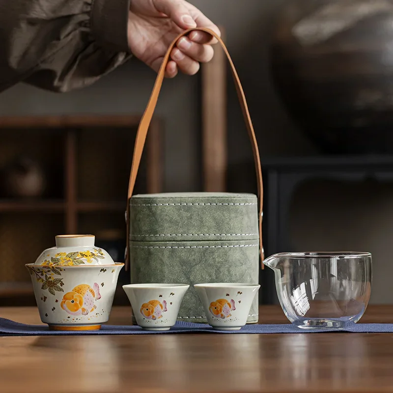 Фото Ручная работа, пейзажная живопись, чайный сервиз Jingui Fushou Lubao Kuaike, керамика, один чайник и две чашки, для отдыха на природе, портативный чайный набор для кунг-фу. №2