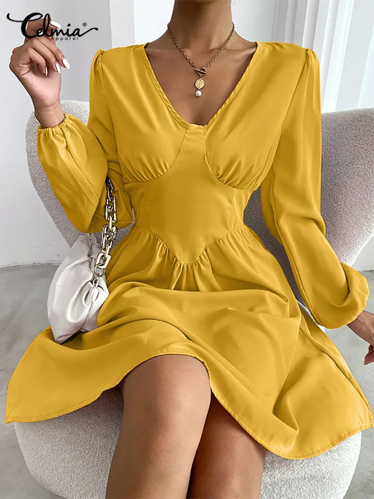 

Винтажное Плиссированное женское мини-платье Celmia с высокой талией и V-образным вырезом, элегантный сарафан с длинным пышным рукавом, модные ...
