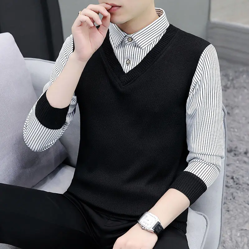 

Top Grade Fake Two New Sweaters Fashion Turn-down Collar Knit Pullover Sweater Slim Fit Autumn Casual Jumper Men Clothing E469