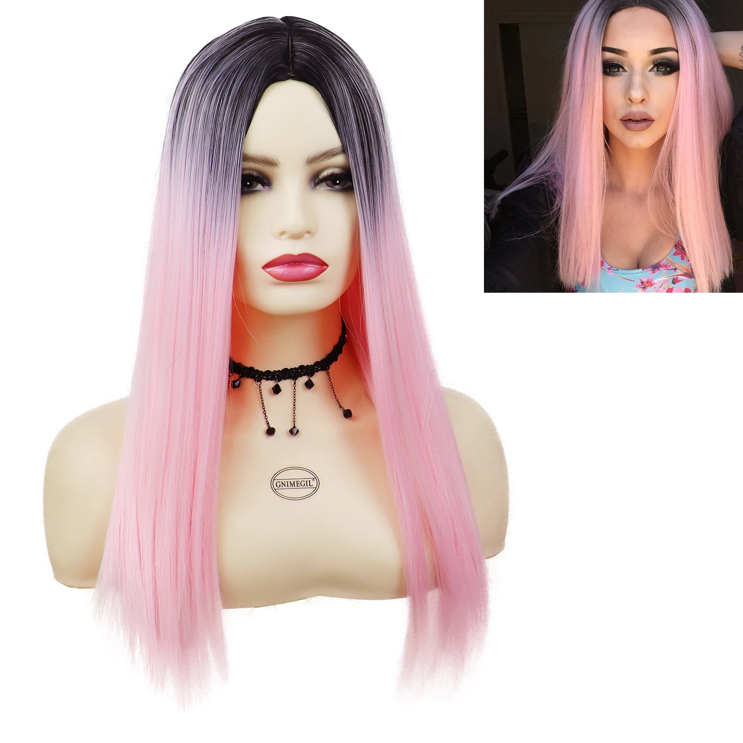 Гнимегил синтетический парик для длинных волос Омбре розовый с темными корнями косплей костюм на Хеллоуин карнавальная вечеринка девочки Лолита.
