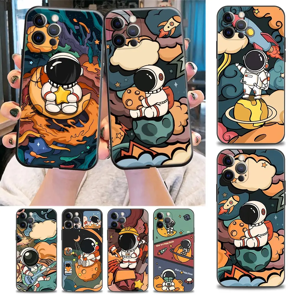 

Star Cute Astronaut Cartoon Phone Case for iPhone 11 12 13 Pro Max 7 8 SE XR XS Max 5 5s 6 6s Plus Black Soft Case Cover