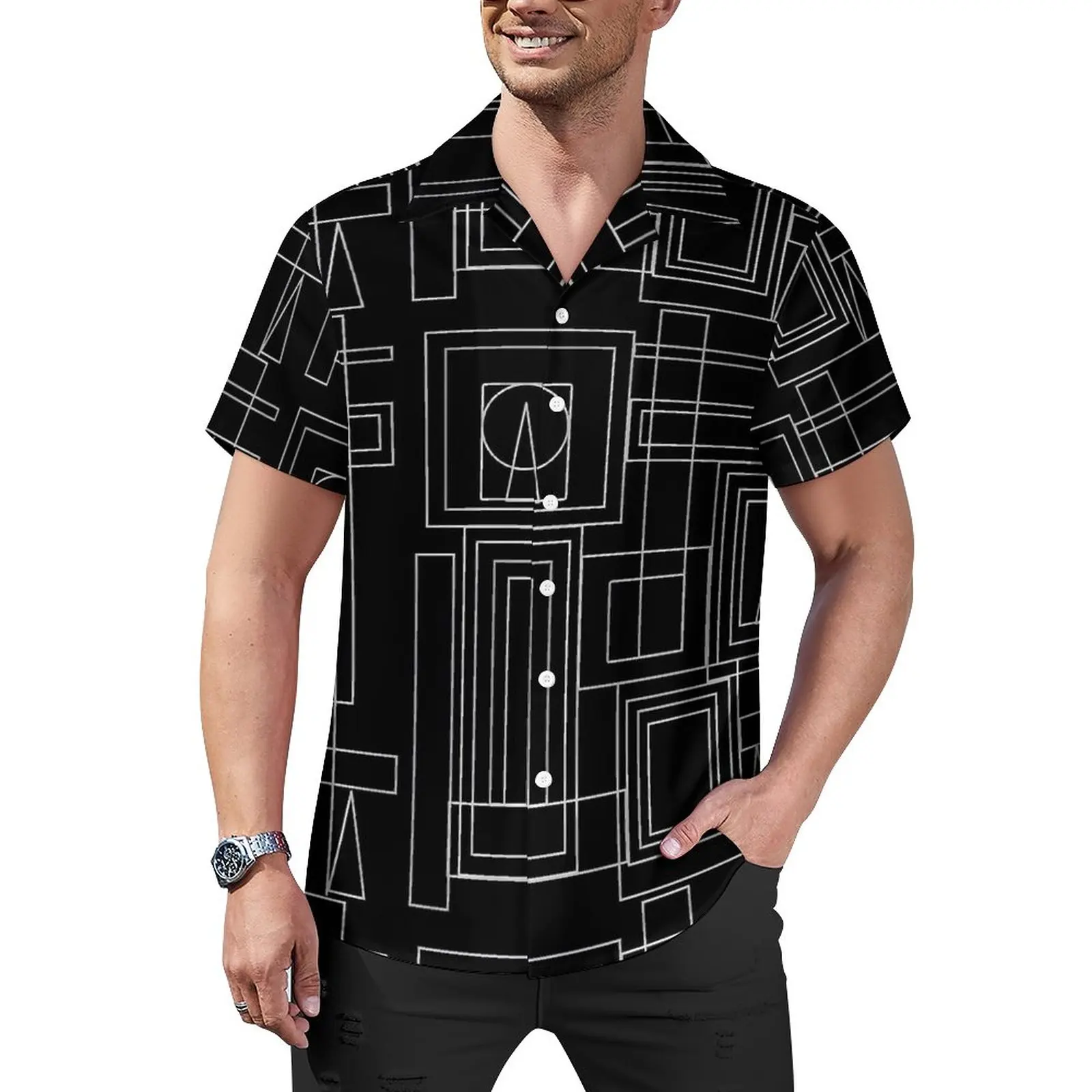

Geo Print Loose Shirt Men Vacation Black And Grey Casual Shirts Hawaii Custom Short-Sleeve Vintage Oversized Blouses