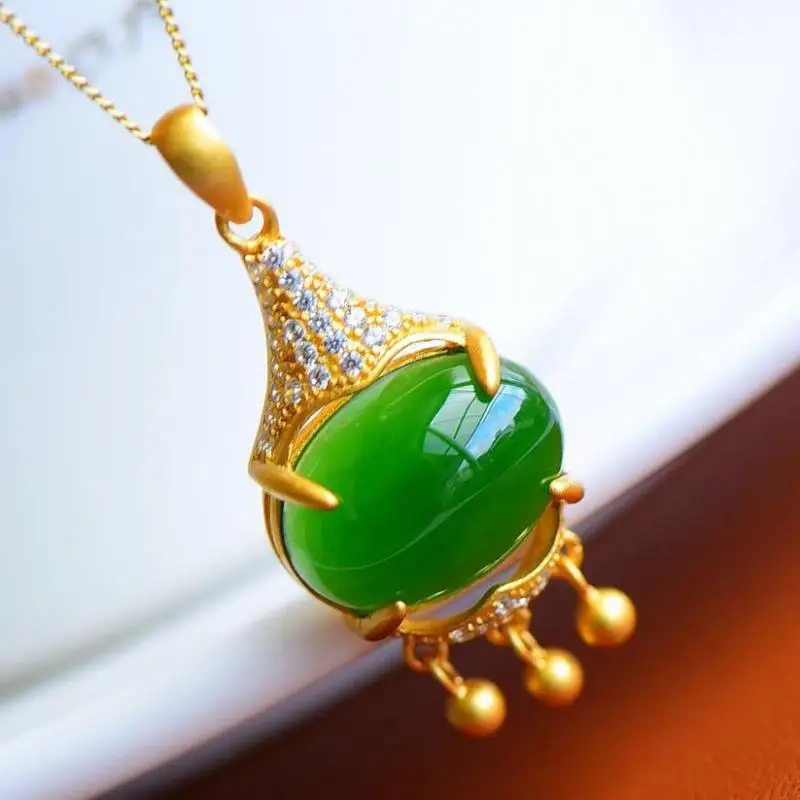 100% Grade A Green Jade Tassel Pendant 925 Sterling Silver Nephrite Hetian Jades Zircon Gold Fringe Charm Silver Necklace Women