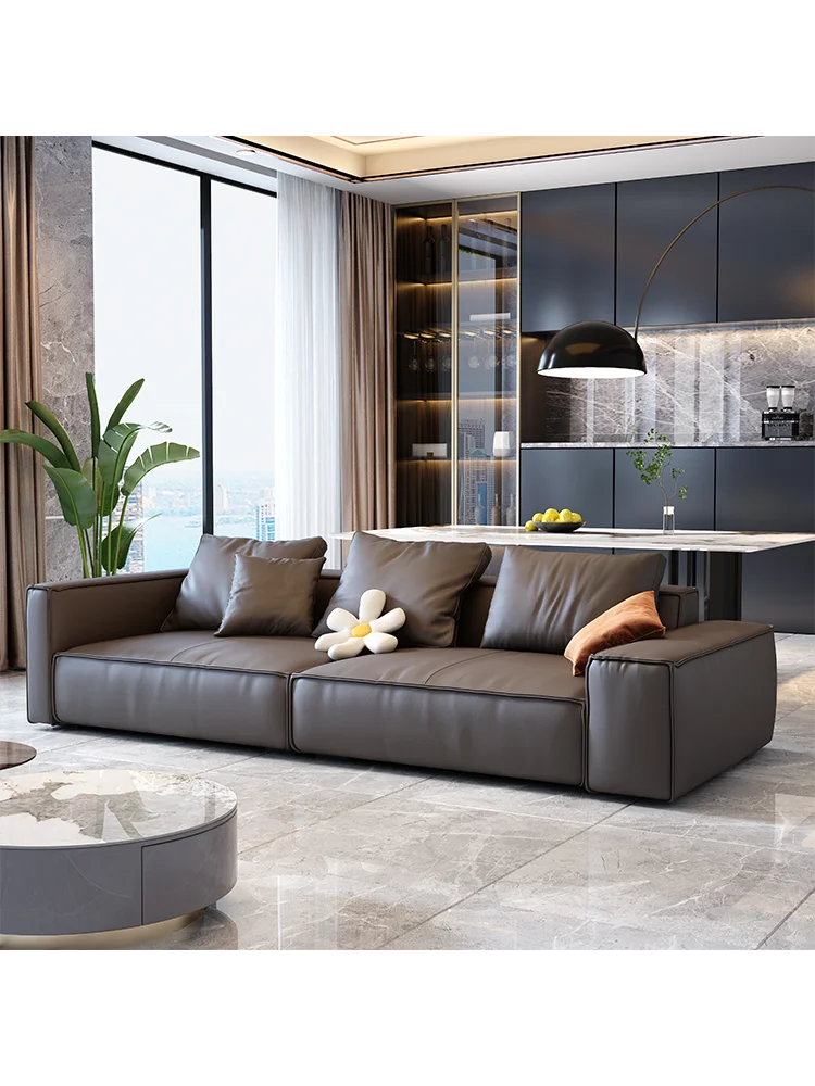 

Italian minimalist leather sofa three or four people straight row small apartment simple modern light luxury tofu block down sof