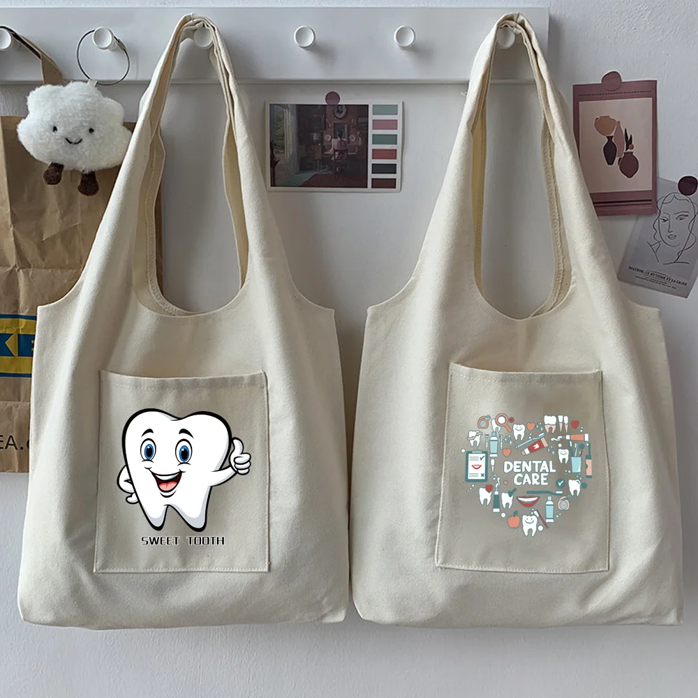 

Women Canvas Shoulder Bag Teeth Print Ladies Student Casual Handbag Tote Reusable Large Capacity Foldable Shopping Beach Bags