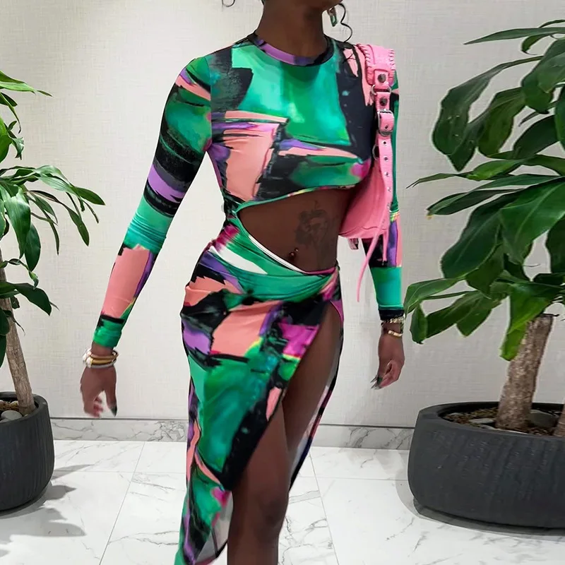 

2023 New Fashion Print Sexy Dresses for Women Hollow Out Split Skirt Long Sleeve Round Neck Pullover Bodycon Y2K Dress Vestidos