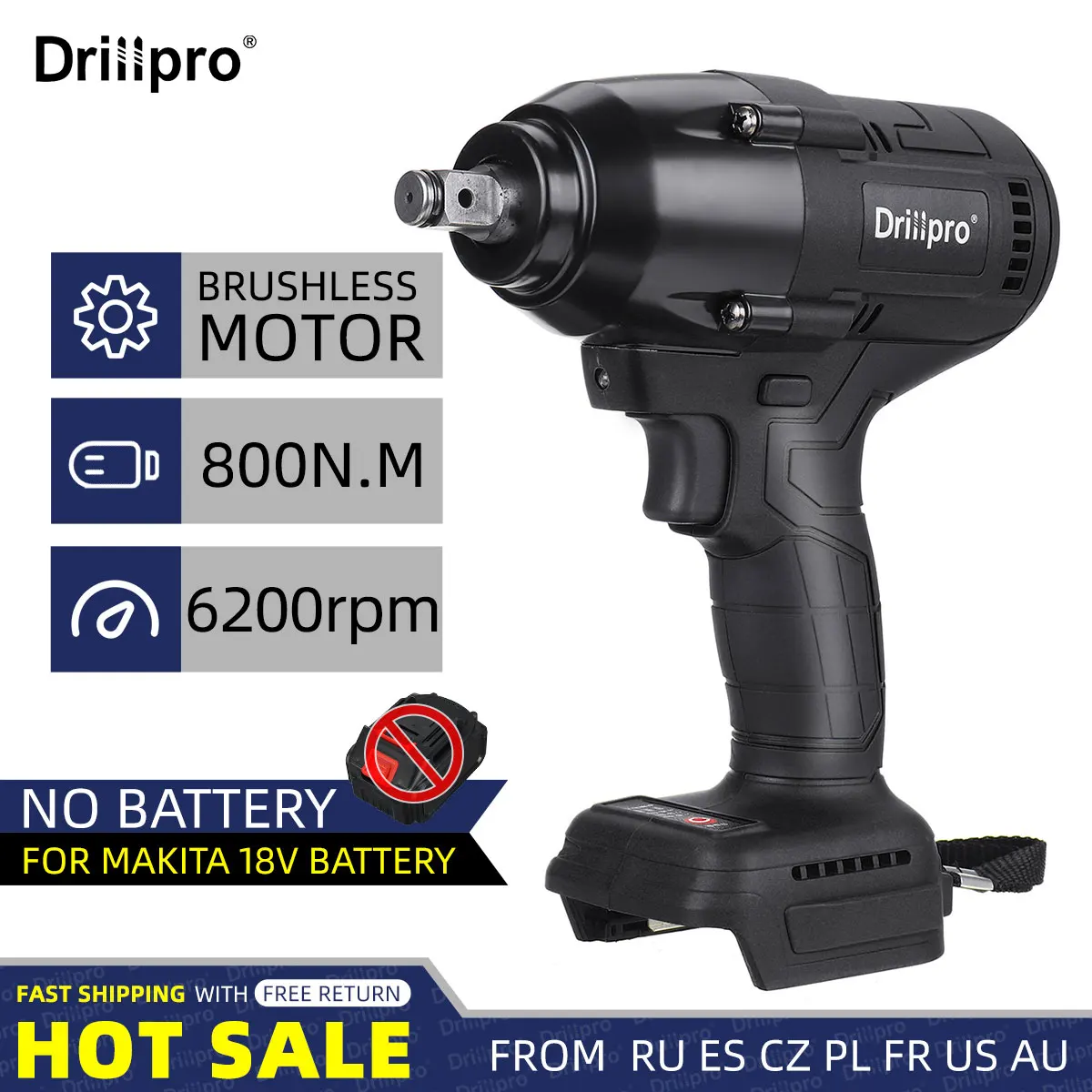 

Drillpro 800N.M High Torque Brushless Electric Impact Wrench Cordless 1/2" Wrench Truck Nuts Power Tool for Makita 18V Battery