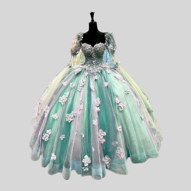

Puffy Quinceanera Dresses Ball Gown Sweetheart Tulle Appliques Flowers Mexican Sweet 16 Dresses 15 Anos