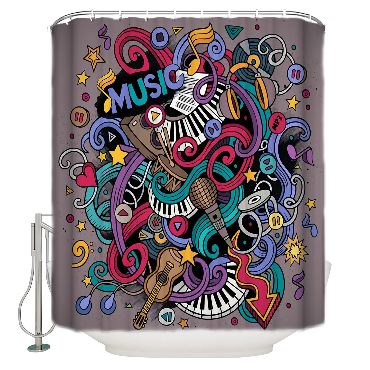 

Graffiti Headphones Rock Music Shower Curtain Eco-Friendly Bath Curtain with Hooks Polyester Waterproof Curtain Bathroom Decor