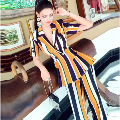 

Women 2021 Summer Fashion Striped Suit Female Office Lady Short Sleeve Blazer + High Waist Pants Set Elegant 2 Piece Sets U209