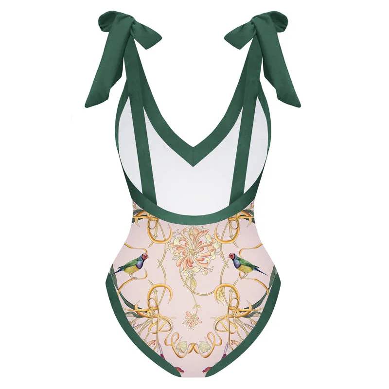 Bowknot Tie-shoulder Printed One Piece Swimsuit and Cover Up Vintage Bathing Suit