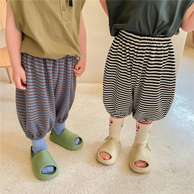 

Summer Children loose striped calf length pants Boys and girls loose cotton Lantern trousers