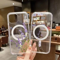 simple lavender purple flowers phone case transparent magsafe magnetic magnet for iphone 13 12 11 pro max mini wireless charging