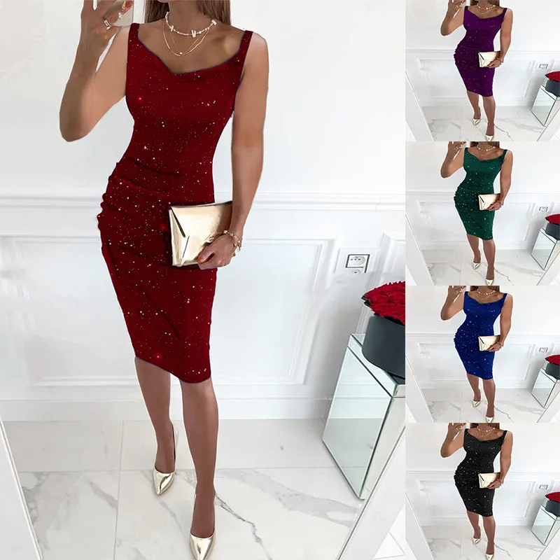 

2023 Summer Sexy&Club Women Fashion Casual Sleeveless Pullover Dress Elegant Sequins Print U Neck Slim Party Sling Bodycon Dress