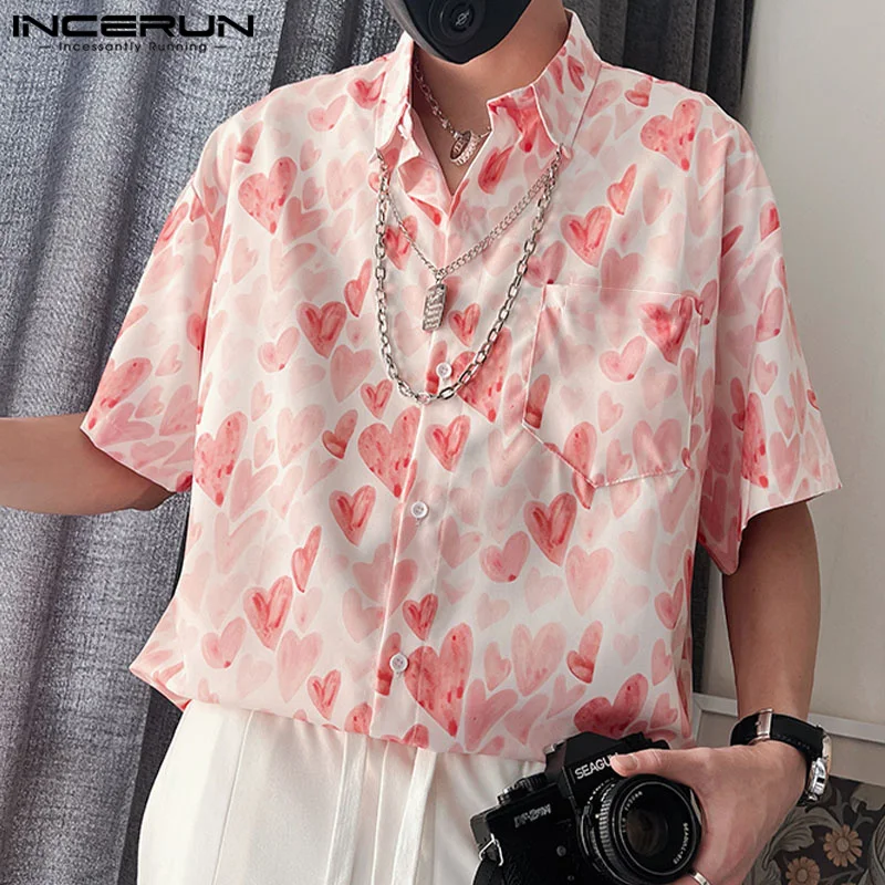 

INCERUN Men Casual Shirt Printing Lapel Short Sleeve Oversize Vacation Fashion Shirts Streetwear Summer 2023 Korean Men Clothing