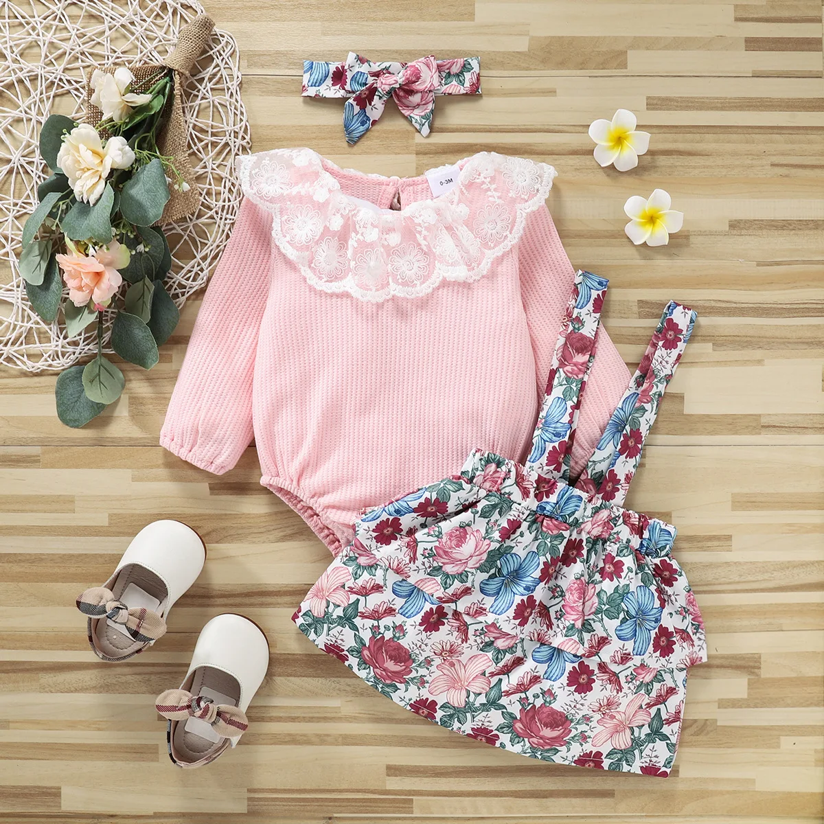 

Baby Girls Clothes Set Newborn Lace Collar Long Sleeve Top Bodysuit Strap Flower Strap Dress Lovely Summer Toddler Suit