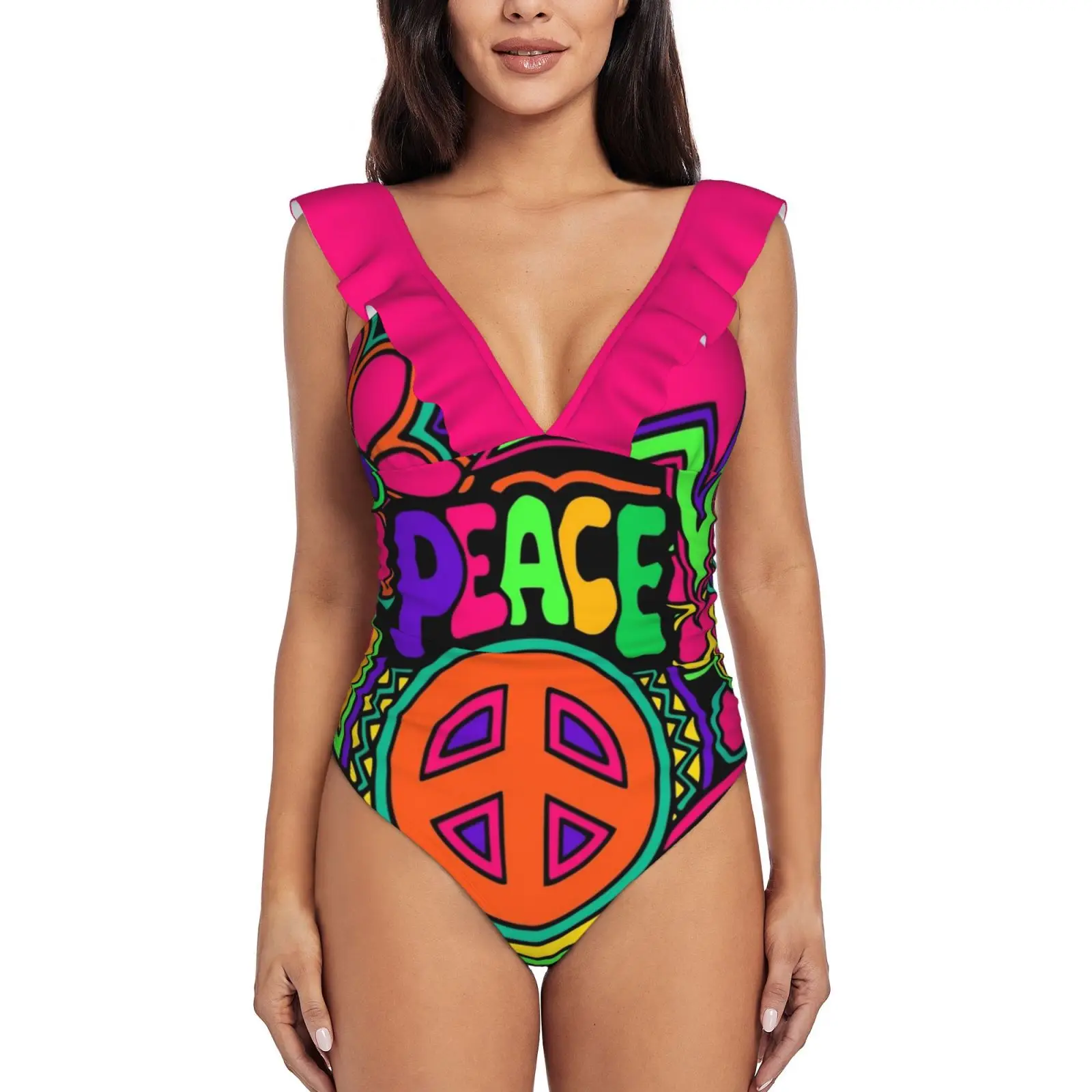 

Красивый розовый N Красочный Хиппи Триппи дизайн гофрированный цельный купальник женский сексуальный Монокини купальник новые пляжные купальные костюмы