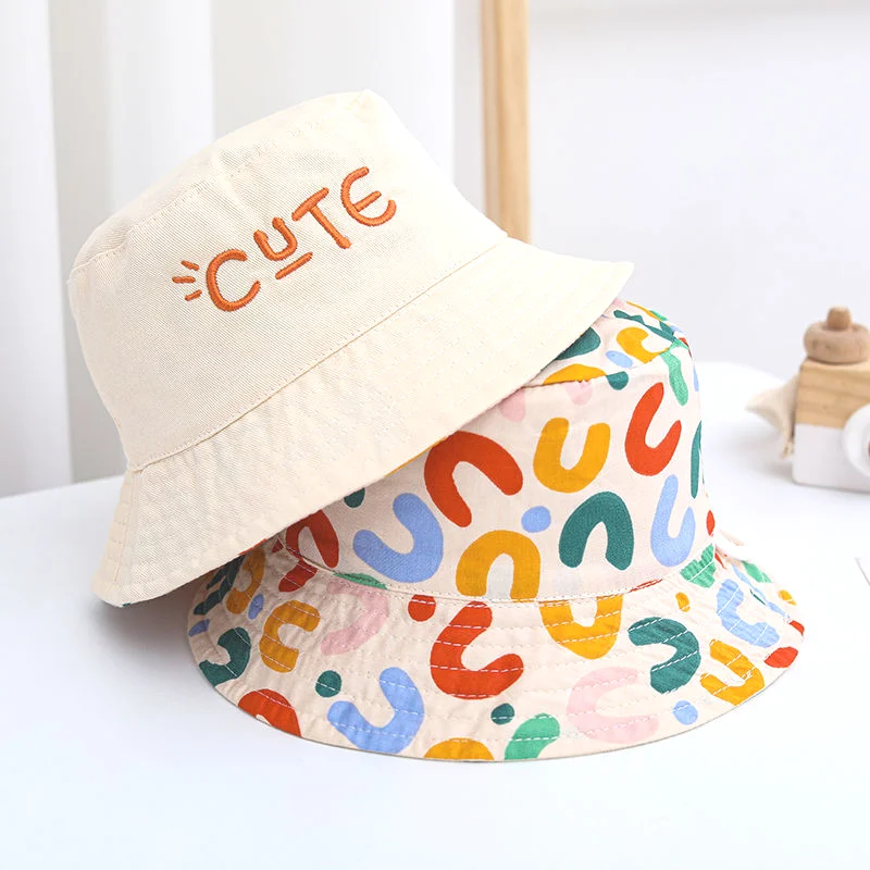 

Double Sided Baby Hat Cute Letter Embroidered Children Boys Girls Fisherman Panama Cap Summer Outdoor Kids Sunscreen Bucket Hat
