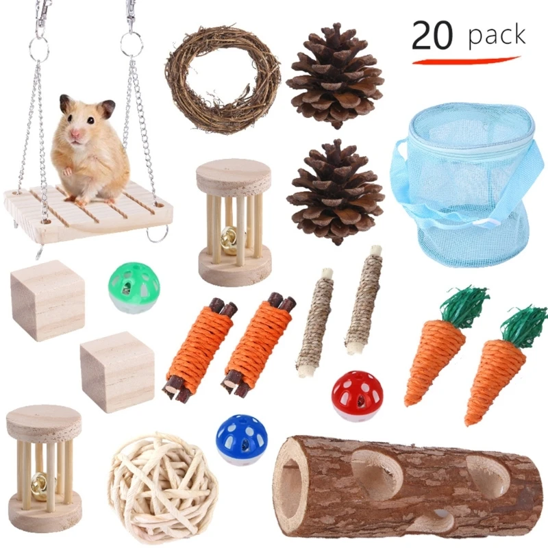 

20 Pcs Rabbits Chew Toy for Teeth Balls Wood Blocks Sticks Twigs Swing Tube Safe & Natural for Hamsters Guinea Pigs KXRE