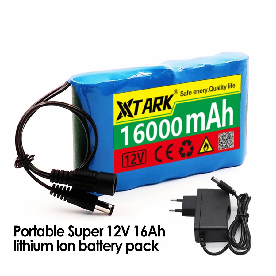 

Brand New 12v 18650 16000mAh DC 12.6V 16Ah Li-Ion Battery with EU Plug 12.6v Charger and 1a DC Bus Header Cable