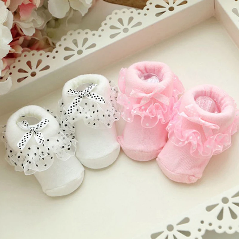 

2021 New Style High Quality Newborn Baby Boy Girl Soft Cotton Cute Shoes Lovely Lace Dots Slippers Boots Princess Socks