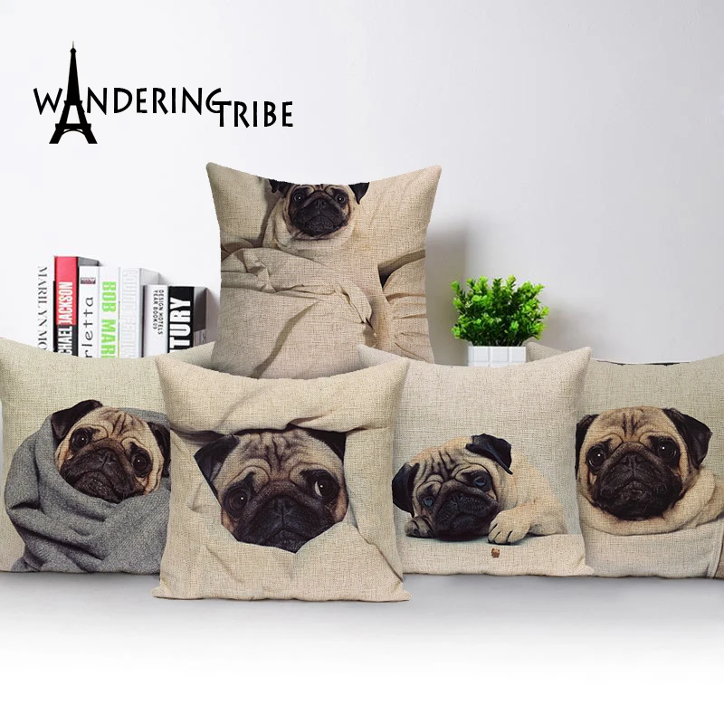 

High Quality Pug Dog Cushion cover White Outdoor Cushions Custom Linen Throw pillows Animal Pillow Decorative Home Cushion cover