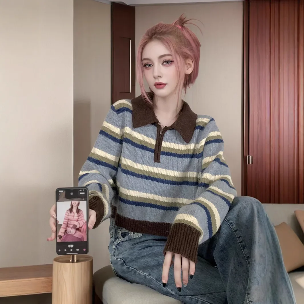 Новинка 2024 винтажный дизайн чувственный цветной полосатый свитер на молнии с