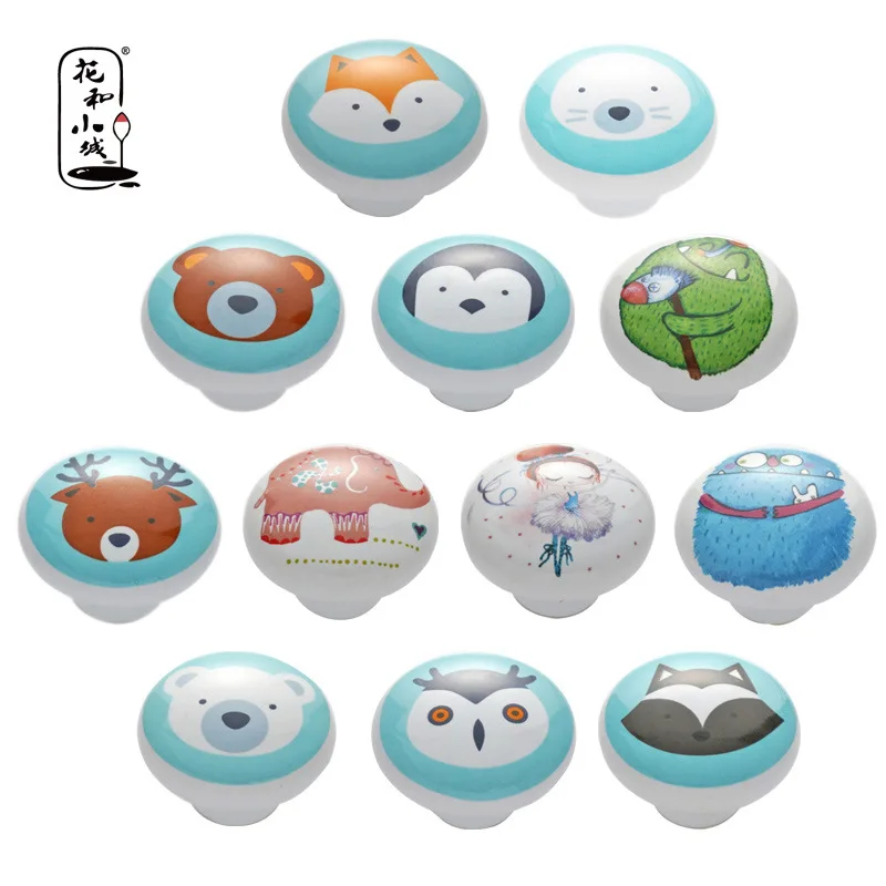 

Nordic Single Hole Cartoon Handle Ceramic Circular Illustration Wardrobe Door Cabinet Drawer Handle Furniture Cabinet Pulls