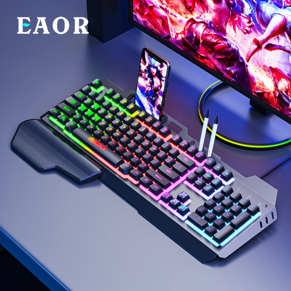 

EAOR GK700 Gaming Keyboard RGB Backlit Mechanical Feel Gaming Keyboard with Wrist Rest Metal Panel USB Wired Computer Keyboard