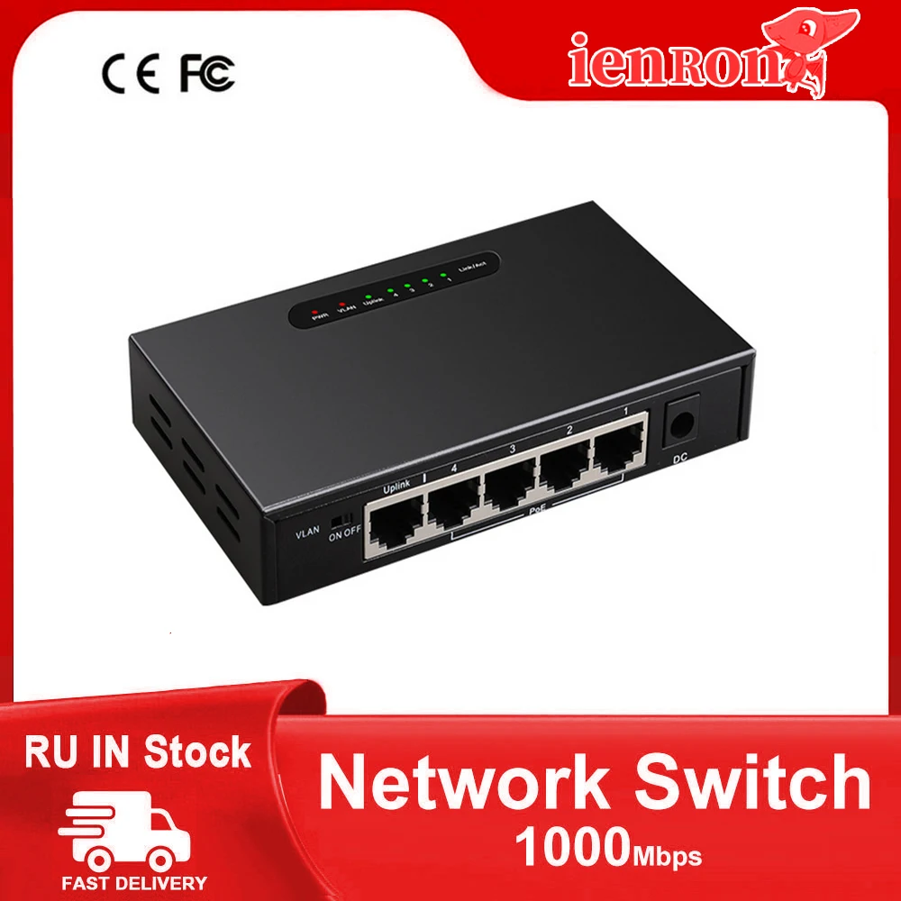 

IENRON POE Gigabit Switch 5 Port 10/100/1000Mbps RJ45 Ethernet Network VLAN With External Power 52V for WiFi Router/IP Camera