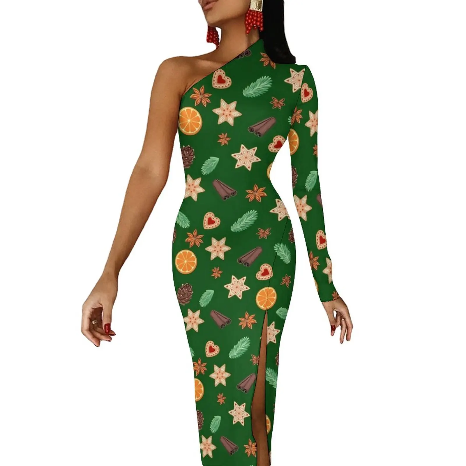 

Christmas Pine Cones Maxi Dress Long Sleeve Festive Fall Print Party Bodycon Dresses Autumn Trendy Dress Women Custom Vestidos