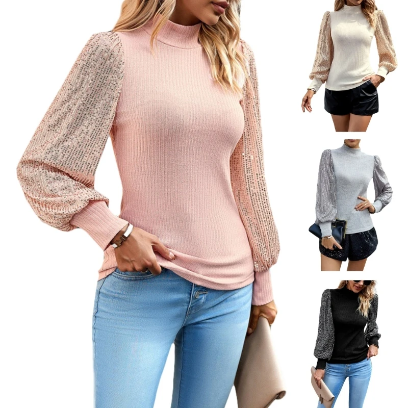 

Q0KE Womens Basic Mock Neck Fit Long Sleeve T-shirt Tops Long Sleeve Sequins Tops Blouses