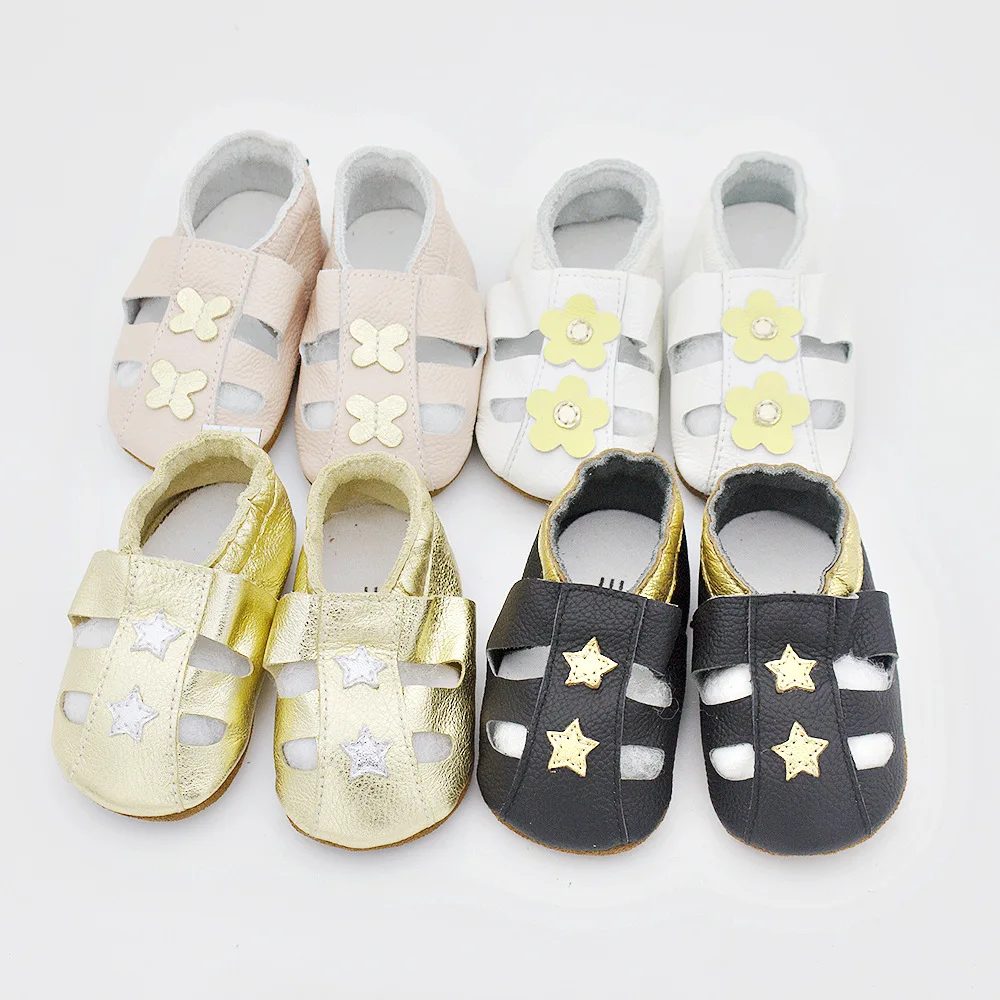 Genuine Leather Baby Boy's Sandals Top Cowhide Sweet Flowers Stars Non-slip Girls First Walkers Indoor Toddler Shoes 0-24M