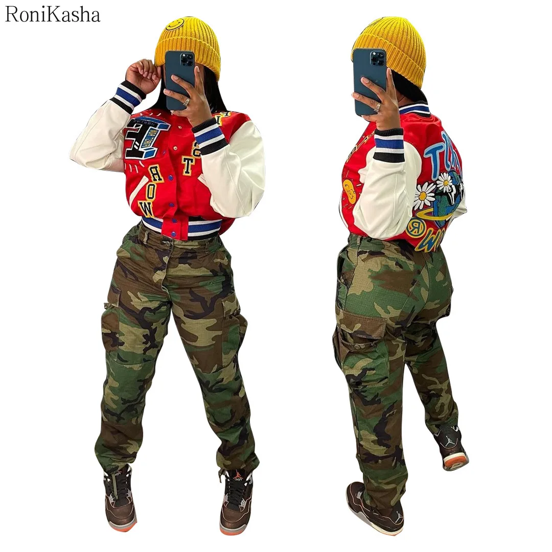

Patchwork Red Leather Baseball Fashion Buttons Jackets For Women 2022 Crop Top Varsity Bomber Long Sleeve Coats