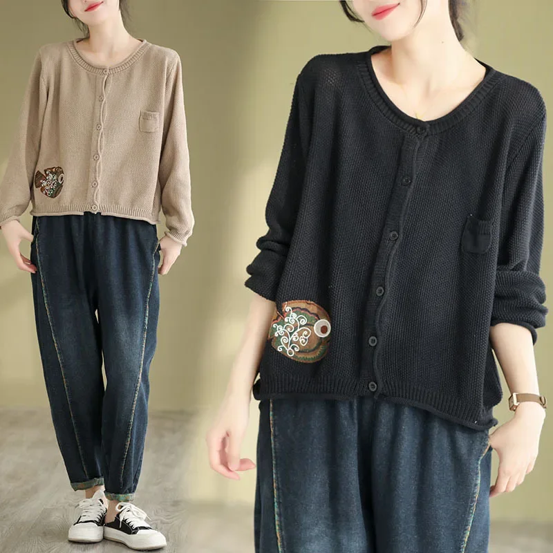 Винтажный кардиган с круглым вырезом и этнической вышивкой женский свободный