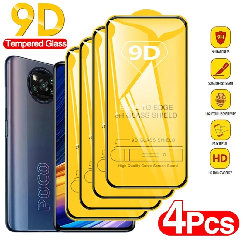 

1-4Pcs 9D Tempered Glass for Xiaomi Mi Poco X3 Pro X4 M4 M3 F3 10T Screen Protector for Redmi Note 10 11 Pro 10S 11S 9S 9T 9A 8T