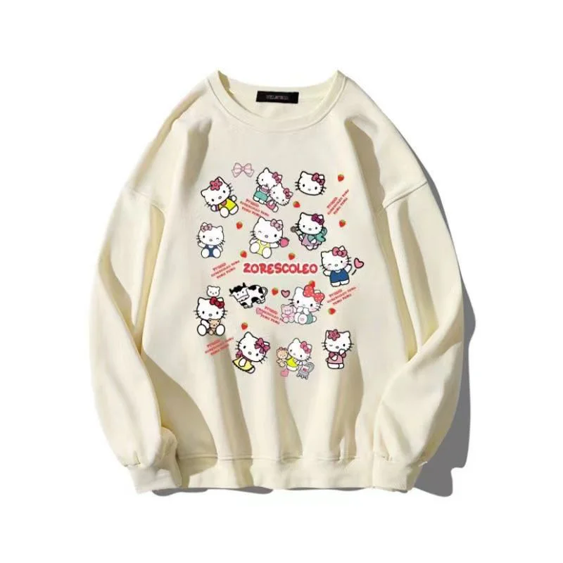 

Hellokitty Ladies Hoodie Autumn and Winter Cute Round Neck Hoodie Plus Fleece Thickening All-Match Loose Design Feeling Top